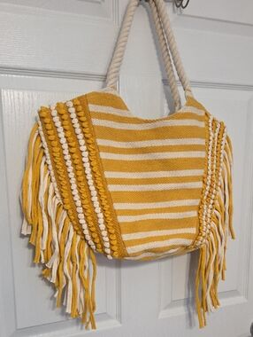 XL Boho Fringe Tote Bag  (Yellow & White)
